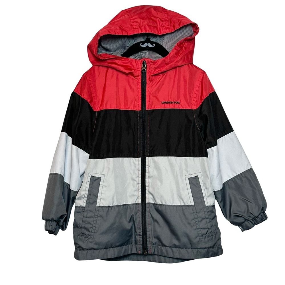 London Fog Little Boys Black Red Gray Striped Hooded Windbreaker Jacket Size 4